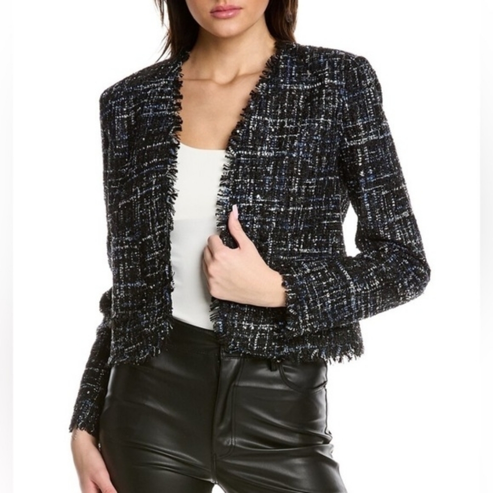 bagatelle Black Tweed Fringed Crop Jacket with Blue Threading